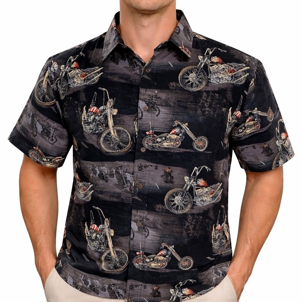 North River Shirt Medium Chopper Motorcycles Etchings Black Gray‎
